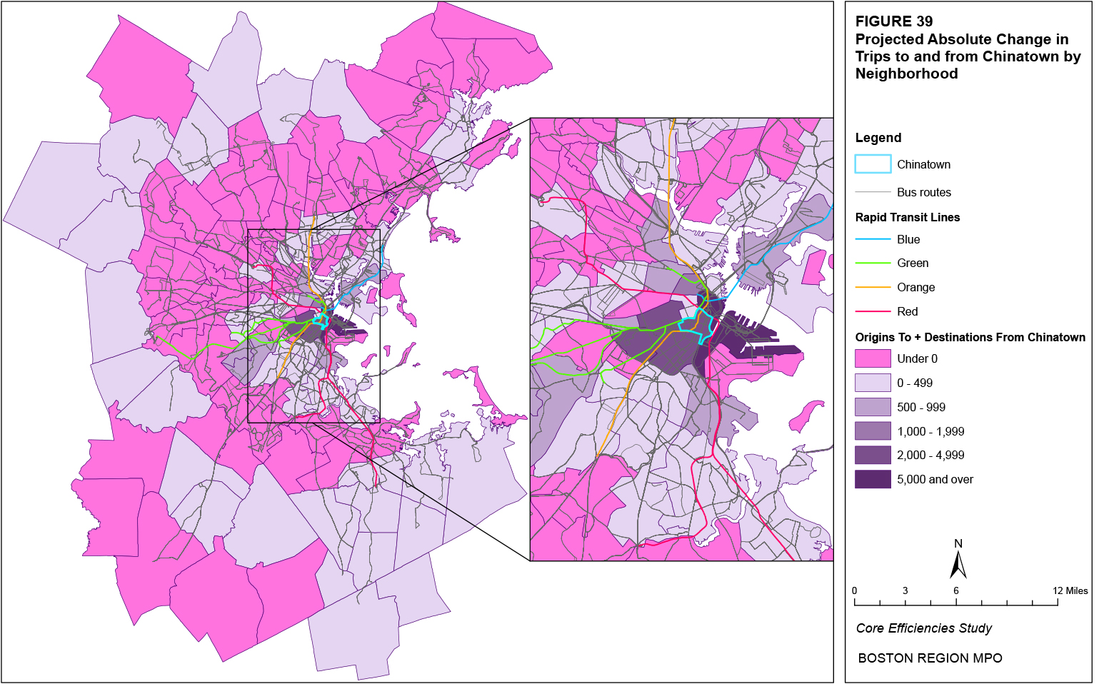 This map shows the projected absolute change in trips to and from the Chinatown neighborhood by neighborhood.
